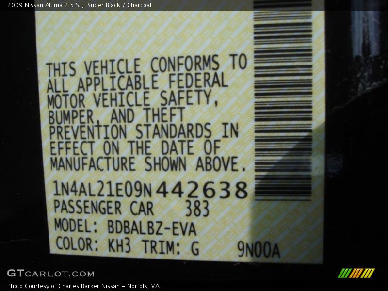 Super Black / Charcoal 2009 Nissan Altima 2.5 SL