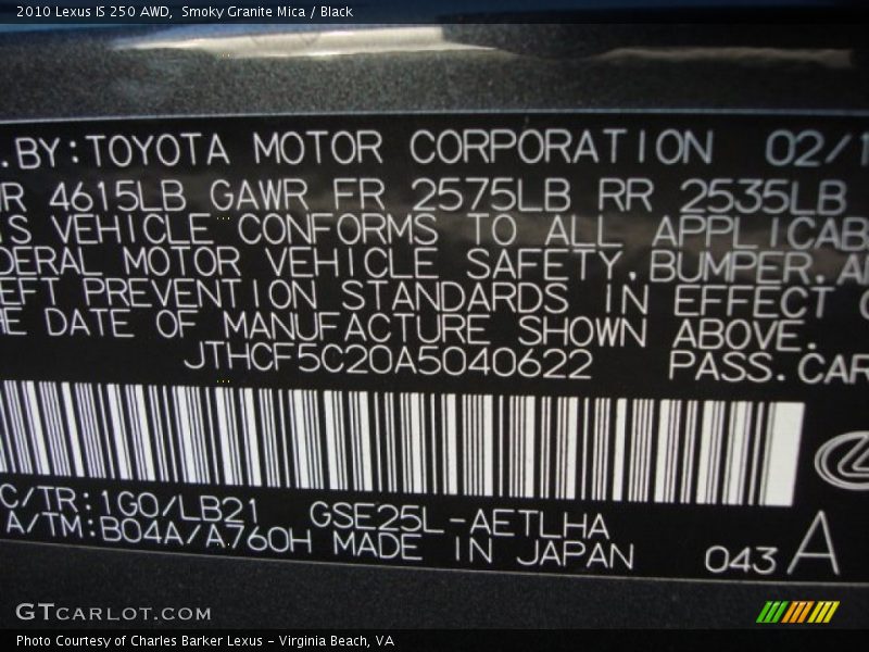 Smoky Granite Mica / Black 2010 Lexus IS 250 AWD