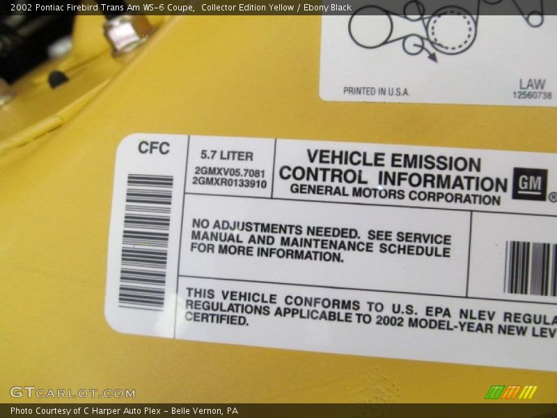 Info Tag of 2002 Firebird Trans Am WS-6 Coupe