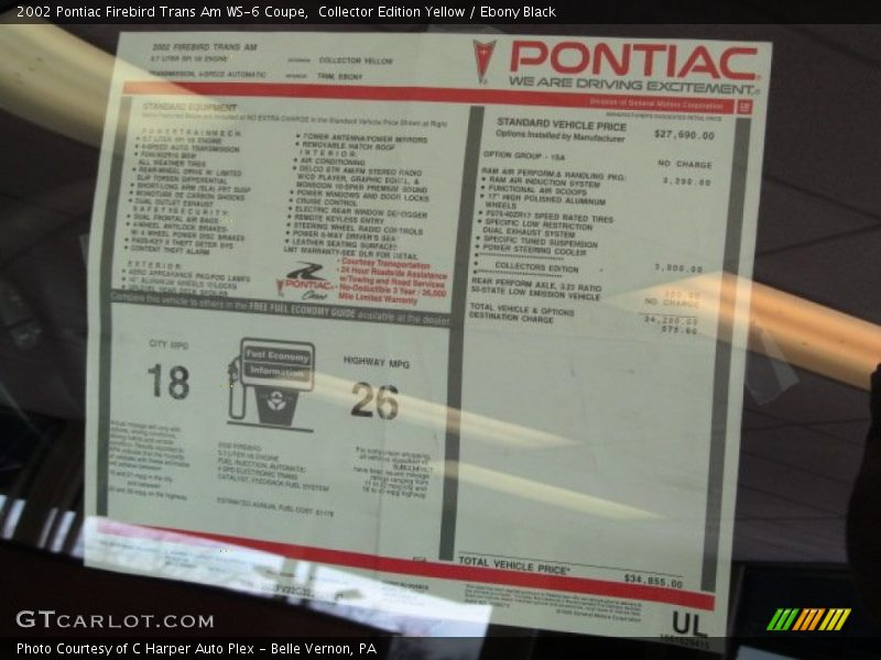  2002 Firebird Trans Am WS-6 Coupe Window Sticker