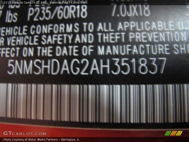 Venetian Red / Cocoa Black 2010 Hyundai Santa Fe SE 4WD