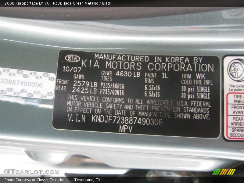 2008 Sportage LX V6 Royal Jade Green Metallic Color Code 1L