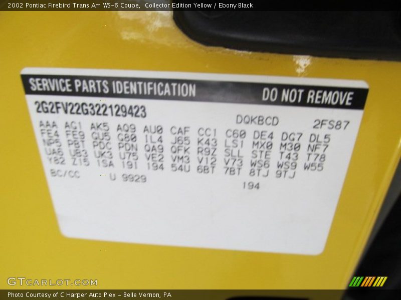 2002 Firebird Trans Am WS-6 Coupe Collector Edition Yellow Color Code 9929