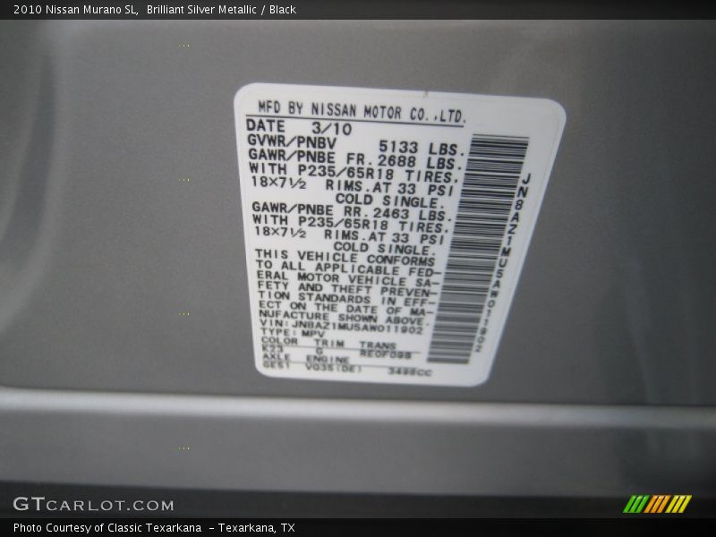 Brilliant Silver Metallic / Black 2010 Nissan Murano SL