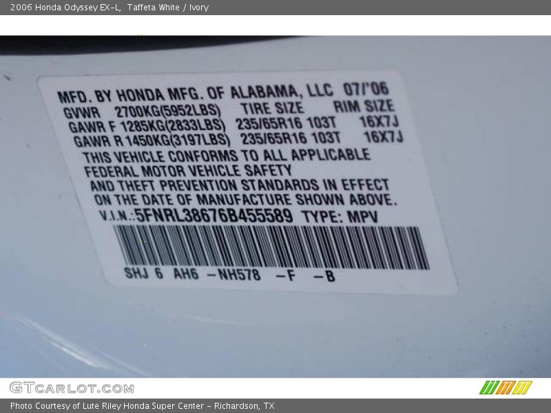 Taffeta White / Ivory 2006 Honda Odyssey EX-L