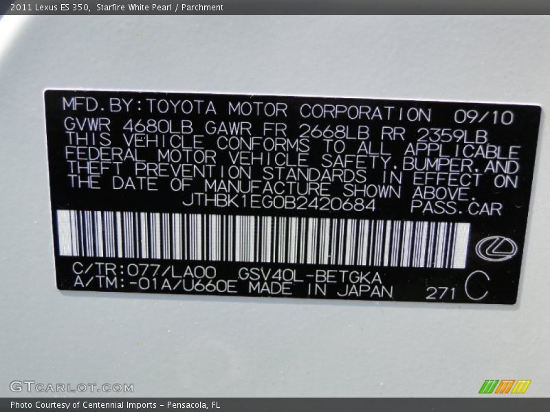 Starfire White Pearl / Parchment 2011 Lexus ES 350