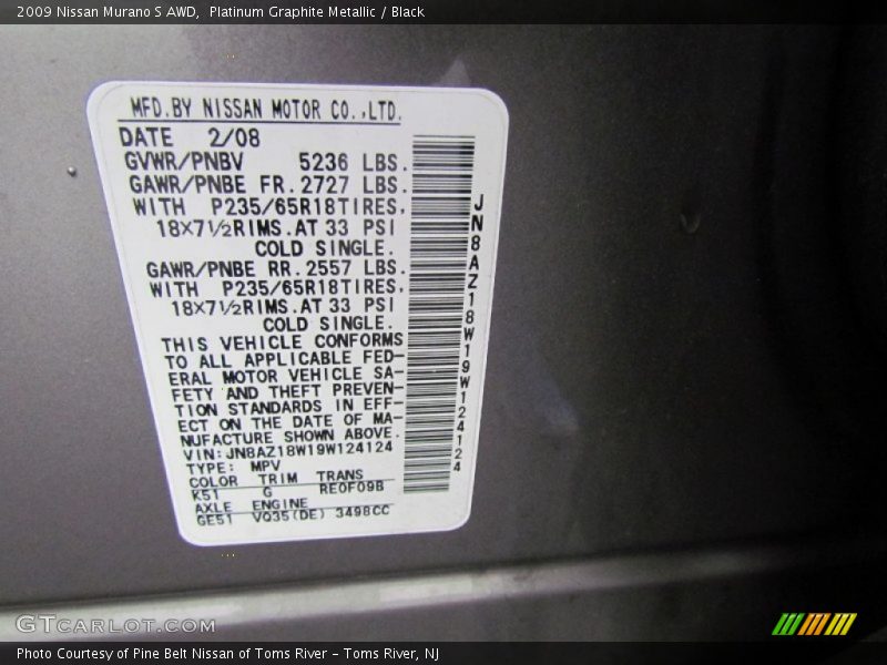 Platinum Graphite Metallic / Black 2009 Nissan Murano S AWD