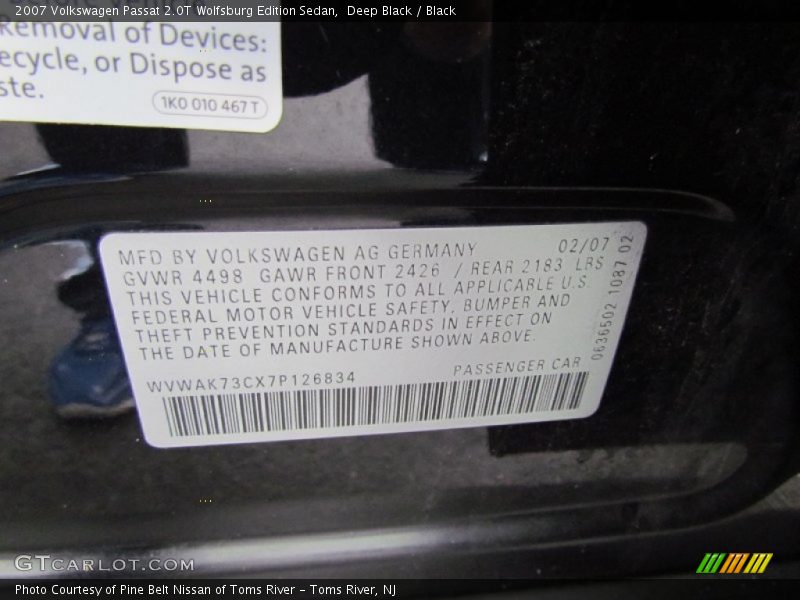 Deep Black / Black 2007 Volkswagen Passat 2.0T Wolfsburg Edition Sedan