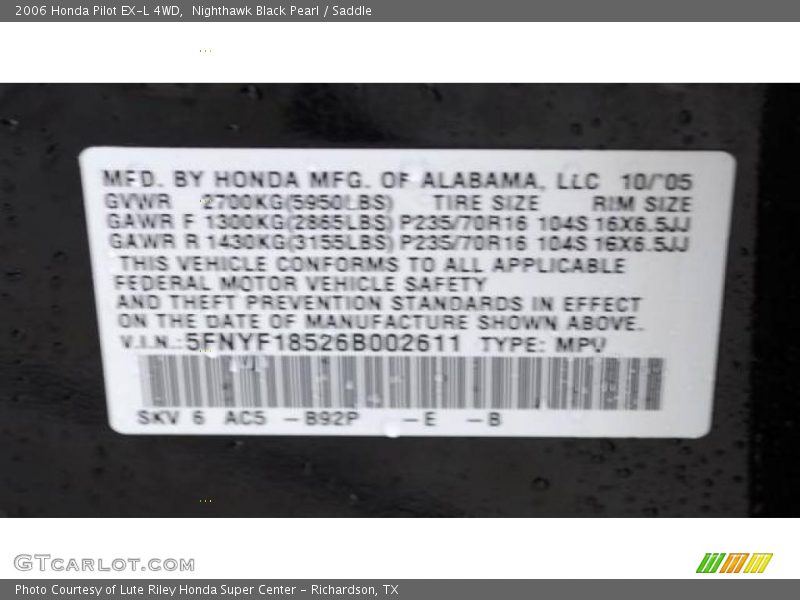 Nighthawk Black Pearl / Saddle 2006 Honda Pilot EX-L 4WD