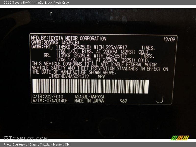 Black / Ash Gray 2010 Toyota RAV4 I4 4WD