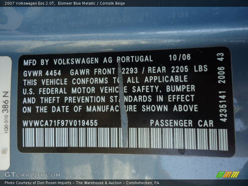 Eismeer Blue Metallic / Cornsilk Beige 2007 Volkswagen Eos 2.0T
