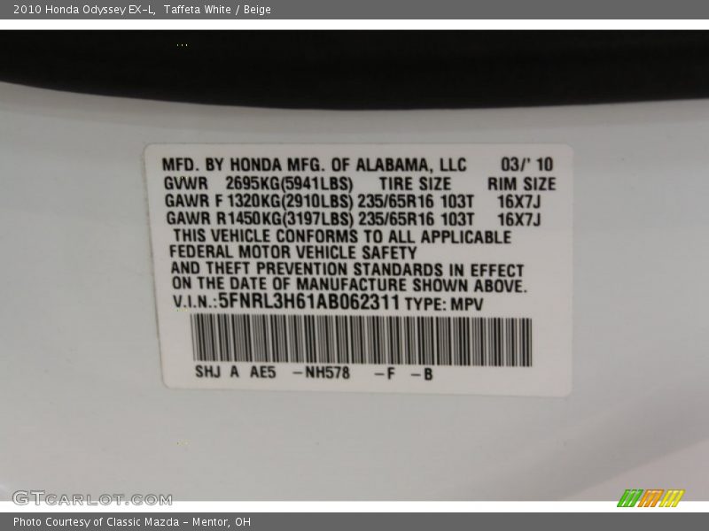 Taffeta White / Beige 2010 Honda Odyssey EX-L