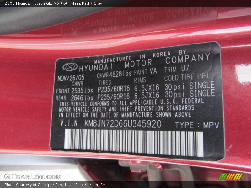 2006 Tucson GLS V6 4x4 Mesa Red Color Code VA