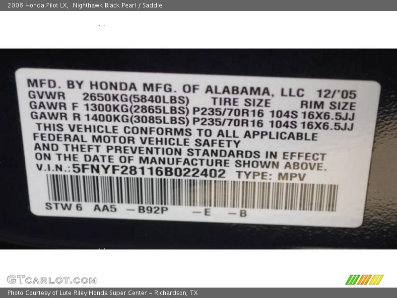 Nighthawk Black Pearl / Saddle 2006 Honda Pilot LX