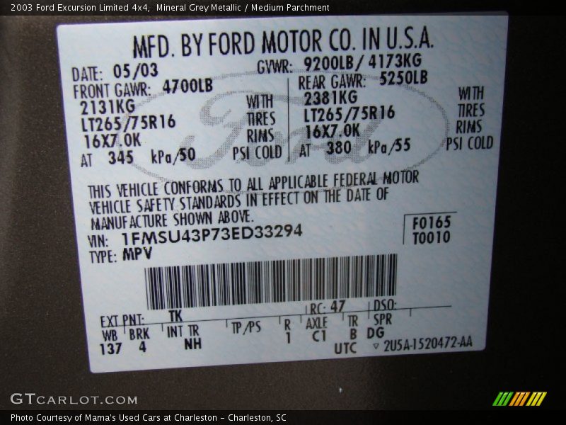 Mineral Grey Metallic / Medium Parchment 2003 Ford Excursion Limited 4x4
