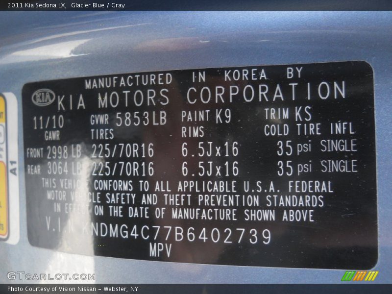 2011 Sedona LX Glacier Blue Color Code K9