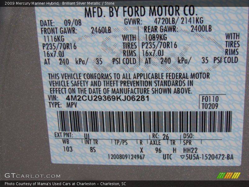 2009 Mariner Hybrid Brilliant Silver Metallic Color Code UI