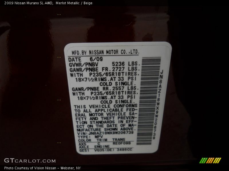 Merlot Metallic / Beige 2009 Nissan Murano SL AWD