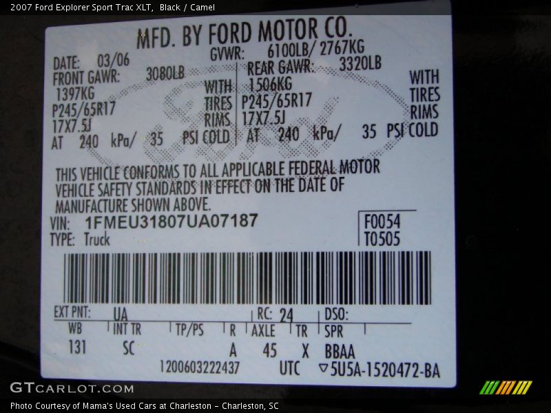 2007 Explorer Sport Trac XLT Black Color Code UA