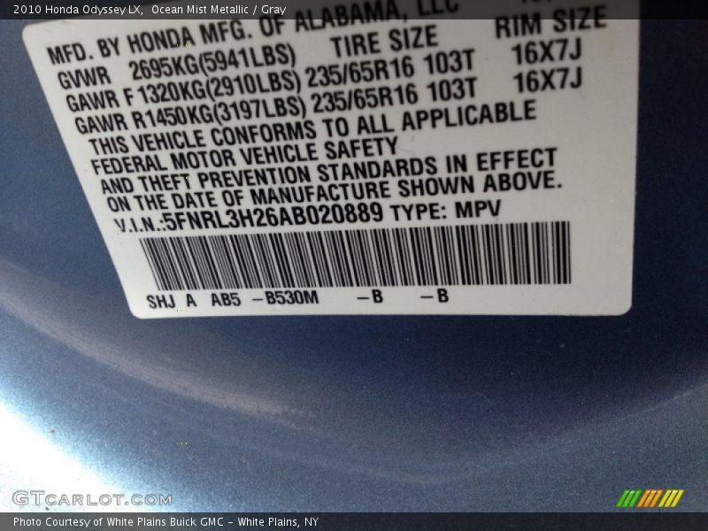 2010 Odyssey LX Ocean Mist Metallic Color Code B530M