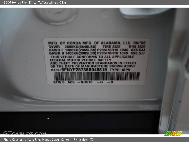 Taffeta White / Olive 2006 Honda Pilot EX-L