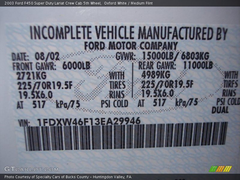 Info Tag of 2003 F450 Super Duty Lariat Crew Cab 5th Wheel
