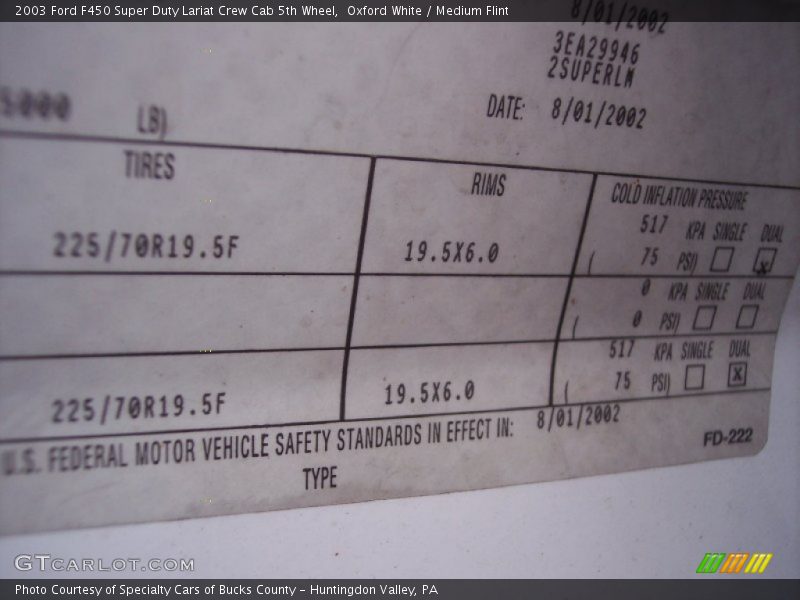 Info Tag of 2003 F450 Super Duty Lariat Crew Cab 5th Wheel