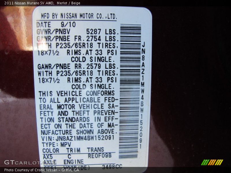 2011 Murano SV AWD Merlot Color Code AX5