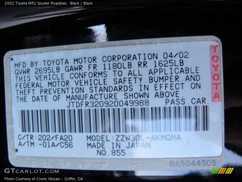 2002 MR2 Spyder Roadster Black Color Code 202