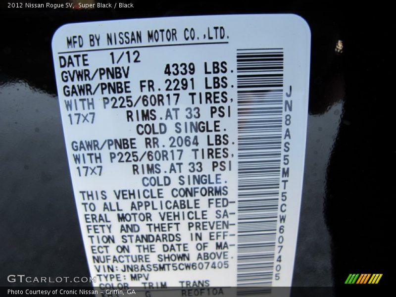 Super Black / Black 2012 Nissan Rogue SV