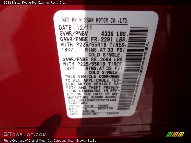 2012 Rogue SV Cayenne Red Color Code NAH