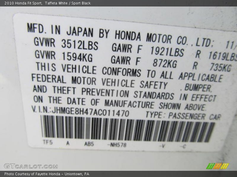 Taffeta White / Sport Black 2010 Honda Fit Sport