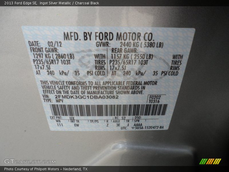 2013 Edge SE Ingot Silver Metallic Color Code UX