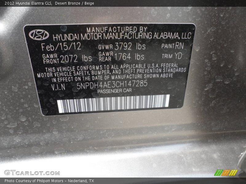 Desert Bronze / Beige 2012 Hyundai Elantra GLS