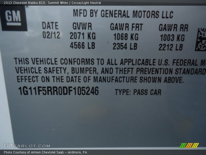Summit White / Cocoa/Light Neutral 2013 Chevrolet Malibu ECO