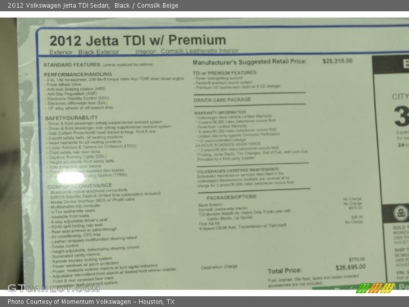 Black / Cornsilk Beige 2012 Volkswagen Jetta TDI Sedan