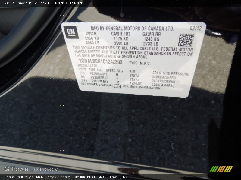 Black / Jet Black 2012 Chevrolet Equinox LS