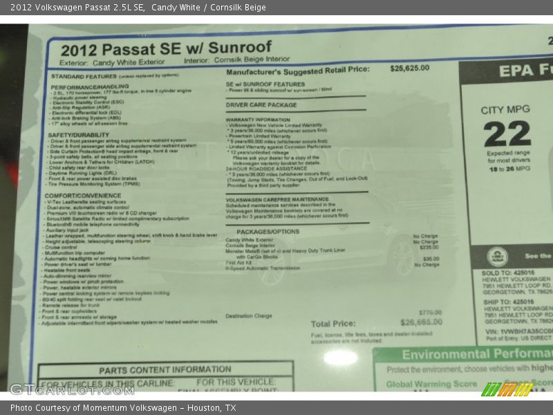 Candy White / Cornsilk Beige 2012 Volkswagen Passat 2.5L SE