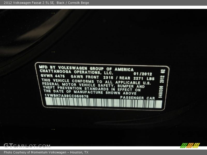 Black / Cornsilk Beige 2012 Volkswagen Passat 2.5L SE