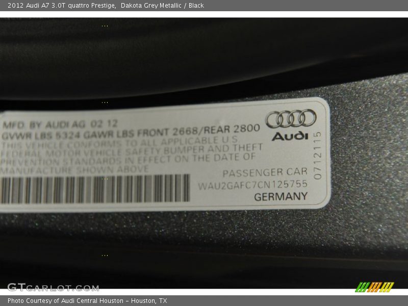 Dakota Grey Metallic / Black 2012 Audi A7 3.0T quattro Prestige