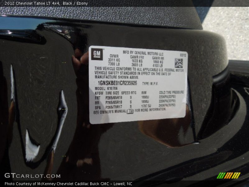 Black / Ebony 2012 Chevrolet Tahoe LT 4x4