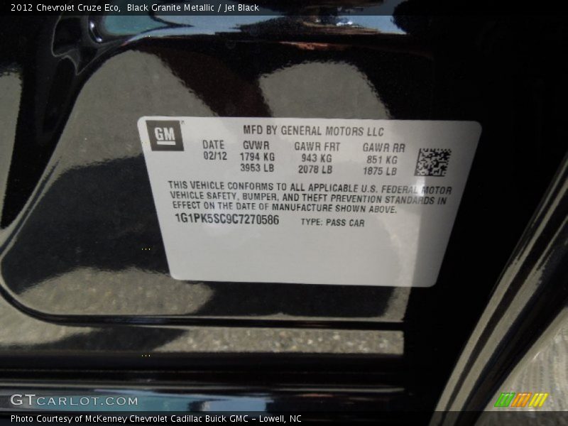 Black Granite Metallic / Jet Black 2012 Chevrolet Cruze Eco