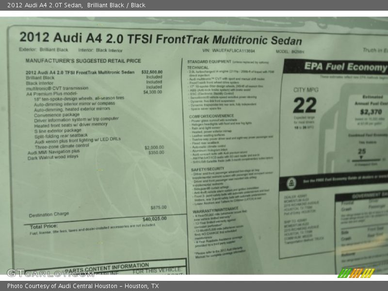 Brilliant Black / Black 2012 Audi A4 2.0T Sedan