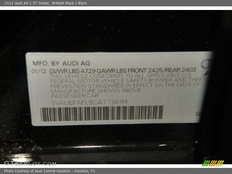 Brilliant Black / Black 2012 Audi A4 2.0T Sedan