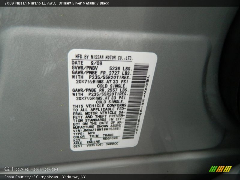 Brilliant Silver Metallic / Black 2009 Nissan Murano LE AWD