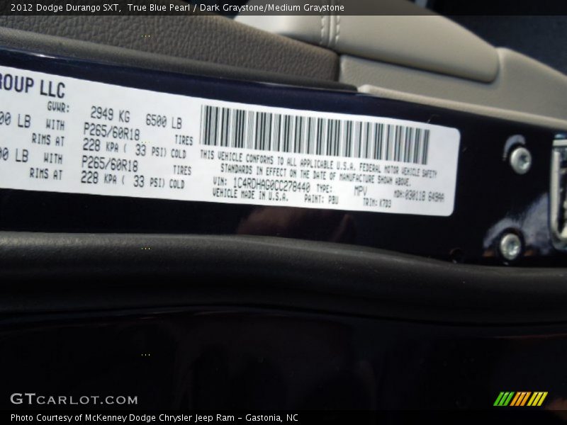 2012 Durango SXT True Blue Pearl Color Code PBU
