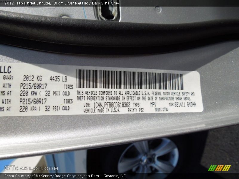 2012 Patriot Latitude Bright Silver Metallic Color Code PS2
