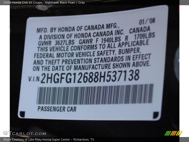 Nighthawk Black Pearl / Gray 2008 Honda Civic LX Coupe