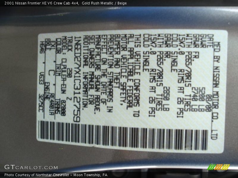 2001 Frontier XE V6 Crew Cab 4x4 Gold Rush Metallic Color Code EX1