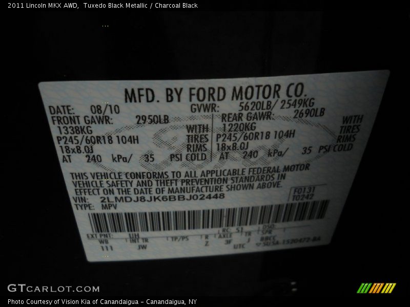 Tuxedo Black Metallic / Charcoal Black 2011 Lincoln MKX AWD